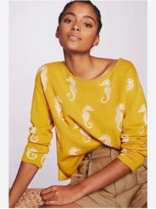 Maeve by Anthropologie Sweaters - Maeve by Anthropologie Mustard Sweater with White Seahorse Motif - sz medium
